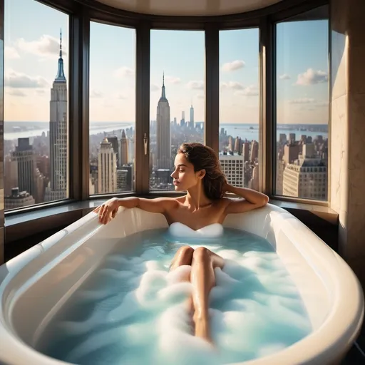 Prompt: (young Brazilian woman) taking a luxurious foam bath, long bath creating a serene atmosphere, (revealing legs) gracefully positioned, (New York City view) visible through a large window, (realistic) beautifully captured in detail, (mirrored lens) creating an intriguing visual effect, masterpiece, soft colors contrasted with vibrant city hues, (high resolution) ultra-detailed, front view showcasing the elegance and tranquility of the scene. show the front of the women