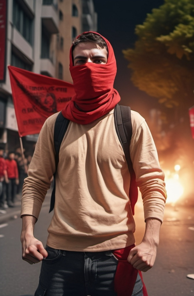 Prompt: ceate an image A 25 years old of student is protesting with a red cloth tied over his face and eyes.






