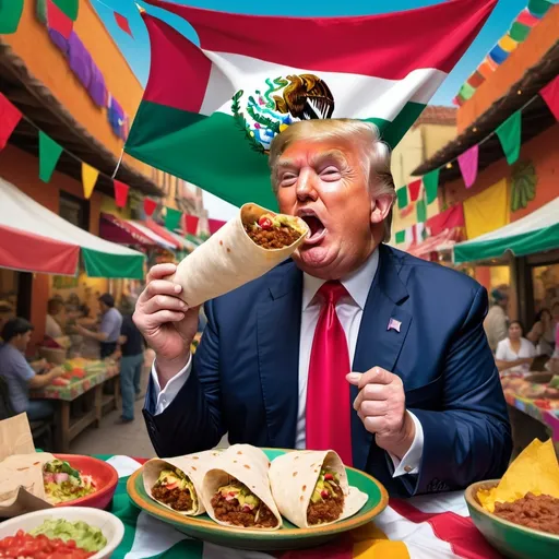 Prompt: make me donald trump holding a mexico flag while eating a burrito

