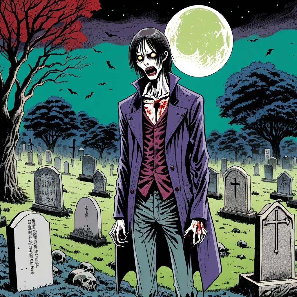 Prompt: Junji Ito manga style, vampire zombie in a graveyard, manga scene with color