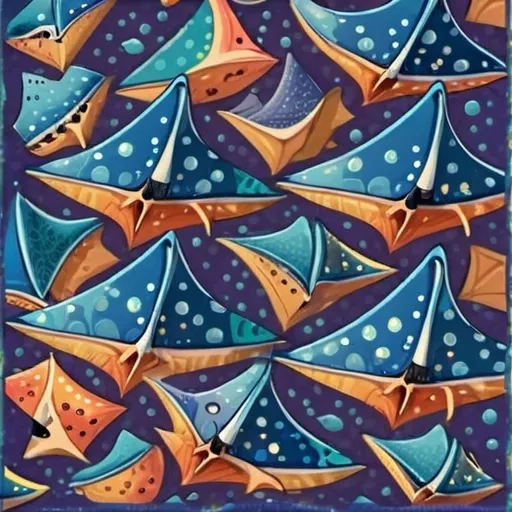 Prompt: (repeating blue manta ray pattern), (tessellation design), cartoon style, anime influence, anthropomorphic elements, whimsical atmosphere, playful aesthetics, vibrant blues, dynamic shapes, fun and lighthearted composition, intricate details, high-quality graphics, eye-catching visual flow, unique character designs, bold outlines, engaging and cheerful vibe, seamless graphical arrangement.