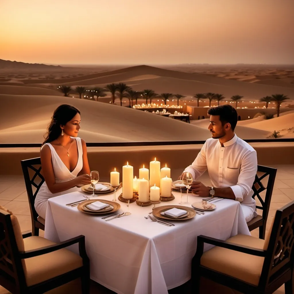 Prompt: Couple's Perspective: The photo would be taken from the viewpoint of a couple seated at a private, candlelit table on a terrace overlooking the desert at Anantara Qasr Al Sarab. Make it look very fancy and luxurious.
