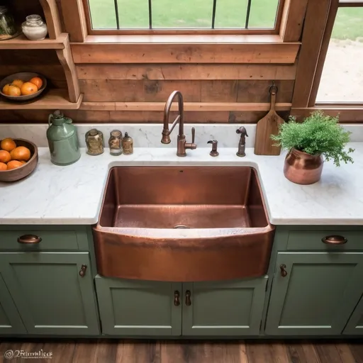 Prompt: please create an image of a farmhouse kitchen with green shaker style cabinet doors and a copper farmhouse sink. The image will be taken from a top down camera position. The farmhouse kitchen sink is made of copper
 that has been hammered