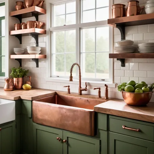 Prompt: please create an image of a farmhouse kitchen with green shaker style cabinet doors and a copper farmhouse sink. The image will focus on the copper farmhouse sink and be taken from a top down three quarter  camera position. The farmhouse kitchen sink is made of copper
 that has been hammered. The wall behind the copper sink will have white subway tiles and brass kitchen accessories