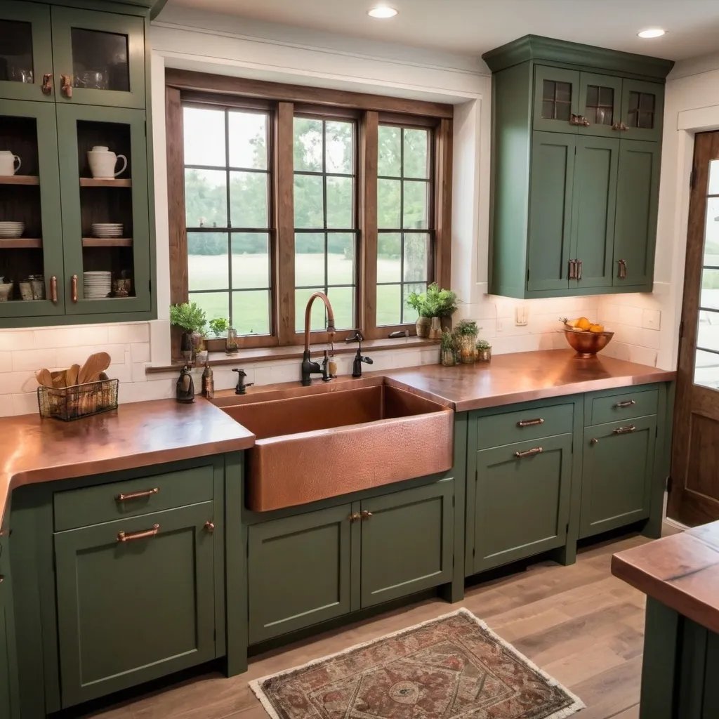 Prompt: please create an image of a farmhouse kitchen with green shaker style cabinet doors and a copper farmhouse sink. The image will be taken from a top down camera position. The farmhouse kitchen sink is made of copper
 that has been hammered