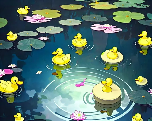 Prompt: In the center of a serene pond, a cheerful yellow rubber ducky floats peacefully, its bright hue contrasting beautifully with the calm blue water. Surrounding the duck are delicate flowers in vibrant shades of pink, white, and purple, their petals gently reflecting in the water's surface. The pond is alive with bubbles of varying sizes, some small and playful, others large and shimmering, creating a whimsical atmosphere. The bubbles form a circular pattern around the duck and the pond, adding a touch of magic to this enchanting scene. Make it into a logo 