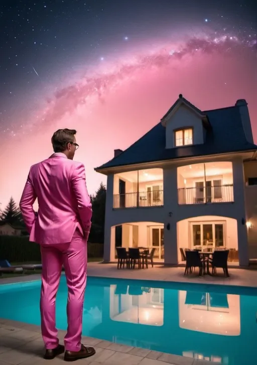 Prompt: A beatiful night sky with stars. on the ground there is a big house with all the lights on. There is a swimming pool and a few tables and chairs in front of the house. On the table lies some glasses of beer. A man is standing in front of the pool with a fancy pink suit on, arms open, and gazing at the night sky