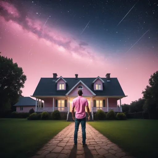 Prompt: A beatiful night sky with stars. on the ground there is a big house with all the lights on. A man is standing in front of the house with a pink shirt on, arms open, and gazing at the night sky