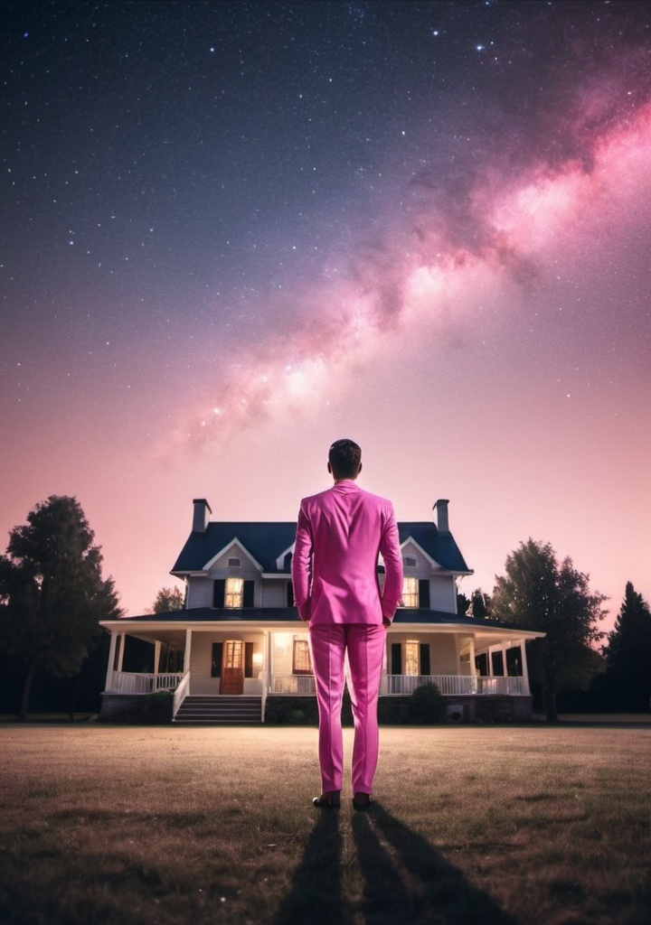 Prompt: A beatiful night sky with stars. on the ground there is a big house with all the lights on. A man is standing in front of the house with a fancy pink suit on, arms open, and gazing at the night sky