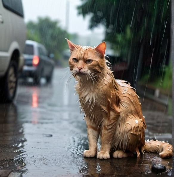 Prompt: Wet cat in the rain saying something ironic
