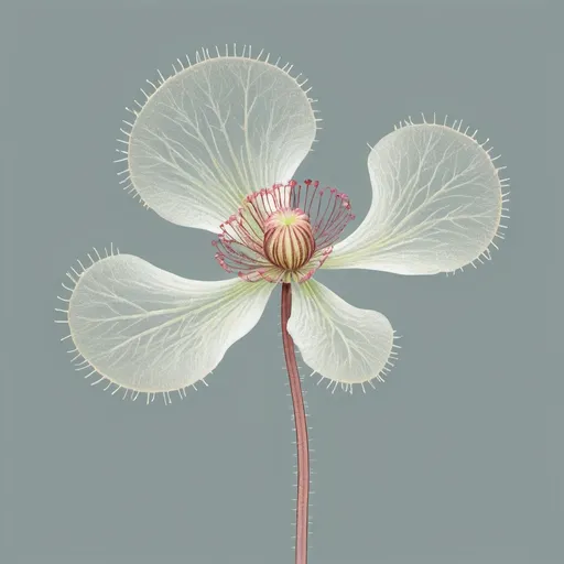 Prompt: (2D minimalist illustration of) a Drosera rotundifolia flower, fine line details, soft muted colors, delicate petals, simple, elegant design, organic shapes, tranquil background, nature-themed, soothing ambiance, high definition, clean lines, inviting composition, gentle elegance, botanical art, focusing on the beauty of the flower, subtle shades, calming vibe, simplistic yet refined artistry.