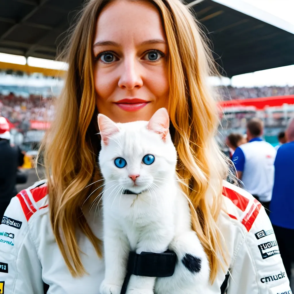 Prompt: a smiling young and beautiful formula 1 driver with blue eyes is wearing formula 1 suit and is standing in front of a giant humanoid cat, at a race track, happy atmosphere