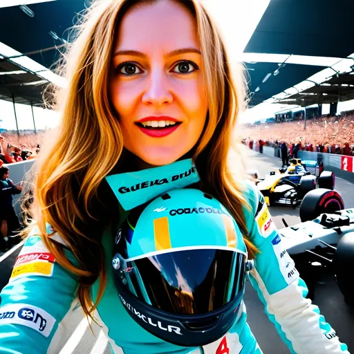 Prompt: (F1 driver), young and beautiful, standing triumphantly on the winners podium, receiving a gleaming winning cup, wearing a sleek (formula 1 suit), surrounded by exuberant crowds cheering passionately, colorful motorcycles lining the sides. The scene set under a cloudless, bright blue sky, radiating warmth and excitement, creating a (festive atmosphere) filled with joy. Ultra-detailed, (high quality), capturing the essence of victory and celebration at a thrilling (formula 1 race track).