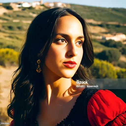 Prompt: young and beautiful flamenco dancer with dark eyes is wearing flamenco clothes, Spanish landscape in the background, sunny day, Spain, nature, vibrant atmosphere