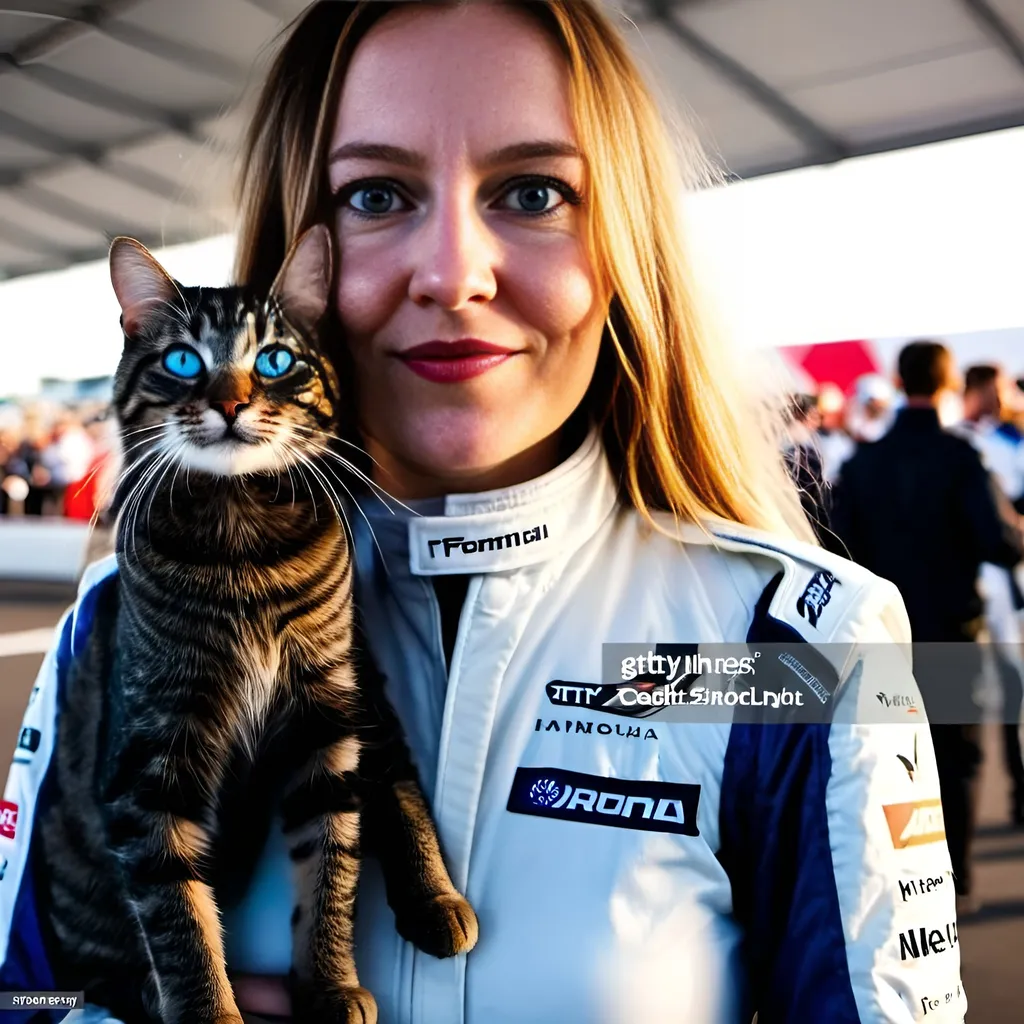 Prompt: a smiling young and beautiful formula 1 driver with blue eyes is wearing formula 1 suit and is standing next to a enormous humanoid cat, at a race track, happy atmosphere