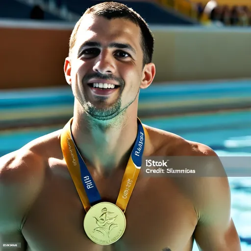 Prompt: a young and handsome swimmer, Michael Phelps, standing at the swimming pool, smiling, wearing five gold medals, sunny day, celebration, happy atmosphere