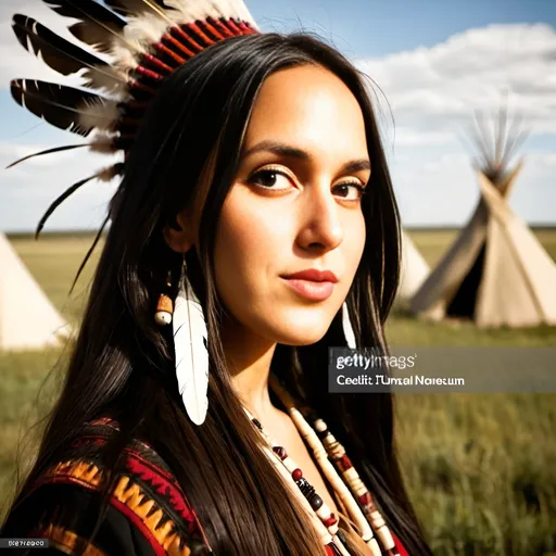 Prompt: young and beautiful native American girl with dark hair and dark eyes, wearing native American clothes, feather in hair, is standing in prairie with native American tupi tents in the background, sunny day, bliss, happy atmosphere