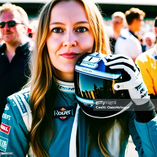 Prompt: a young and beautiful formula 1 driver with blue eyes is standing at a winners podium at a formula 1 race track receiving a winning cup, wearing formula 1 suit, surrounded by cheering crowds and motorcycles, sunny day, festive atmosphere