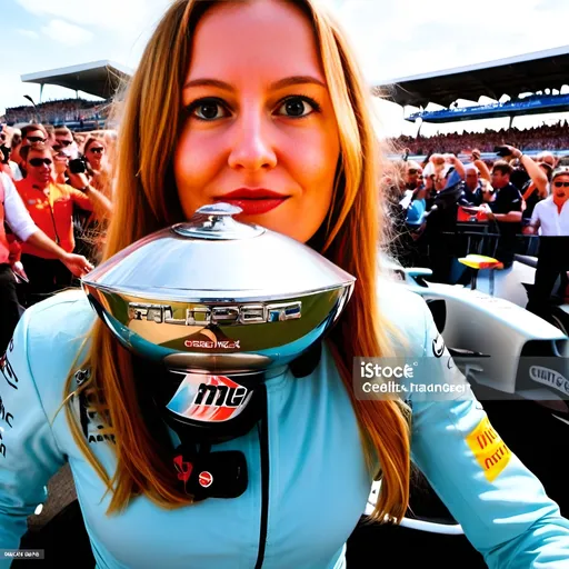 Prompt: (F1 driver), young and beautiful,blue eyed,  standing triumphantly on the winners podium, receiving a gleaming winning cup, wearing a sleek (formula 1 suit), surrounded by exuberant crowds cheering passionately, colorful motorcycles lining the sides. The scene set under a cloudless, bright blue sky, radiating warmth and excitement, creating a (festive atmosphere) filled with joy. Ultra-detailed, (high quality), capturing the essence of victory and celebration at a thrilling (formula 1 race track).