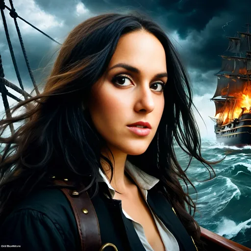 Prompt: beautivul dark haired woman pirate with dark eyes standing on a ship bridge, stormy seas, many burning ships in the background, storm, intense and dramatic, oil painting, epic detailing, realistic, stormy atmosphere, chaotic waves, high quality, dramatic lighting, historical, fierce warrior, traditional painting, turbulent ocean, warship, dynamic composition