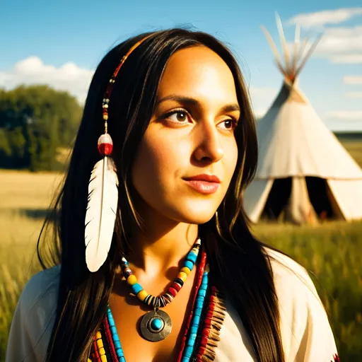 Prompt: young and beautiful (Native American girl), dark hair, dark eyes, wearing (traditional Native American clothes), feather in hair, standing in a (sunny prairie), (native American tupi tents) in the background, (blissful and happy atmosphere), vibrant colors, soft sunlight illuminating the scene, ultra-detailed, serene landscape, capturing the essence of native culture and harmony with nature.