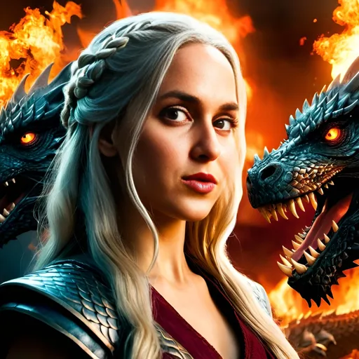 Prompt: Daenerys Targaryen, (piercing dark eyes), surrounded by an army of (fierce fire-breathing dragons), engulfed in (intense flames), (fantasy atmosphere), vibrant firelight illuminating her striking features, dramatic background filled with swirling smoke, (epic scene), (Game of Thrones), depicting courage and power, mystical ambiance, ultra-detailed, high-quality, captivating visuals.