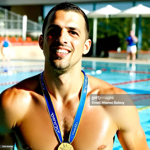 Prompt: a young and handsome swimmer, Michael Phelps, standing at the swimming pool, smiling, wearing five gold medals, sunny day, celebration, happy atmosphere