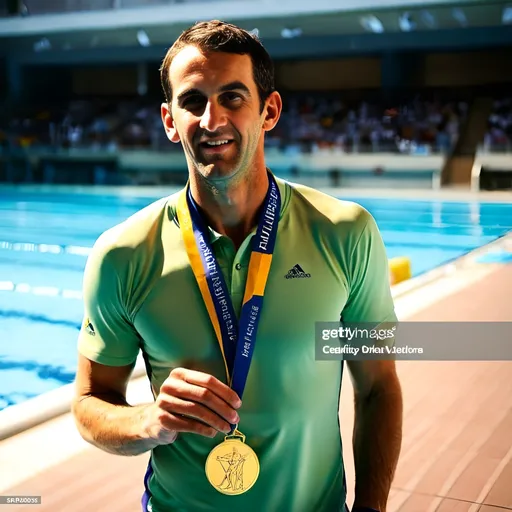 Prompt: a young and handsome swimmer, Michael Phelps, standing at the swimming pool, smiling, wearing five gold medals, sunny day, celebration, happy atmosphere