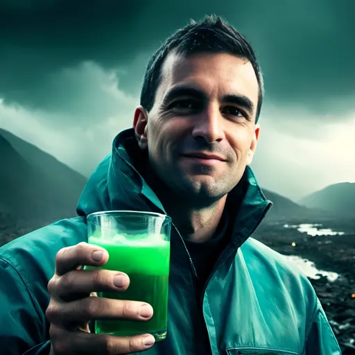 Prompt: apocalyptic scenery, (happy smiling man with glowing blue eyes), wearing a hazard suit, holding a glass of (polluted liquid), eerie rivers, dense foggy clouds, ravaged landscape, signs of destruction, dramatic lighting, (high contrast), gloomy atmosphere, attention to detail, vibrant yet haunting colors, green vapours, nauseating air, 4K, ultra-detailed image.