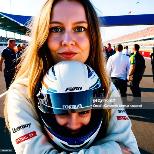 Prompt: a young and beautiful formula 1 driver with blue eyes is wearing formula 1 suit and is standing at a race track hugging gigantic cat, happy atmosphere