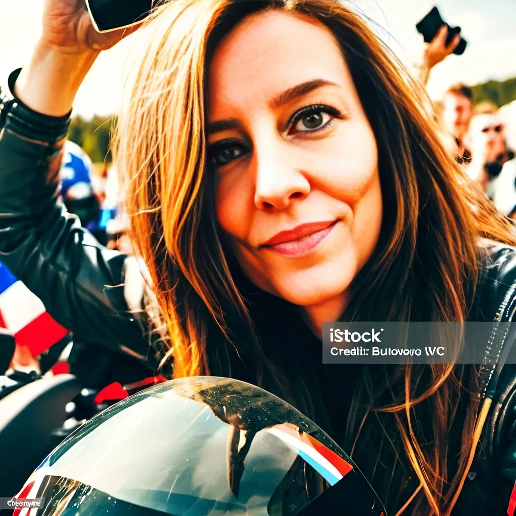 Prompt: a young and beautiful motorcycle rider is standing at a winners podium at a motorbike race track receiving a winning cup surrounded by cheering crowds and motorcycles, sunny day, festive atmosphere