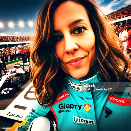 Prompt: (F1 driver), young and beautiful, standing triumphantly on the winners podium, receiving a gleaming winning cup, wearing a sleek (formula 1 suit), surrounded by exuberant crowds cheering passionately, colorful motorcycles lining the sides. The scene set under a cloudless, bright blue sky, radiating warmth and excitement, creating a (festive atmosphere) filled with joy. Ultra-detailed, (high quality), capturing the essence of victory and celebration at a thrilling (formula 1 race track).