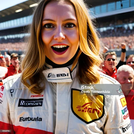 Prompt: a young and beautiful formula 1 driver is standing at a winners podium at a formula 1 race track receiving a winning cup, wearing formula 1 suit, surrounded by cheering crowds and motorcycles, sunny day, festive atmosphere