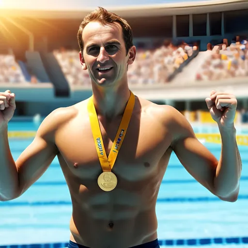 Prompt: (photorealistic image) young and handsome swimmer, standing at the swimming pool, (bright sunny day), wearing five gold medals, (beaming smile), joyful and celebratory atmosphere, sparkling water reflections, vibrant colors, dynamic light illuminating the scene, cheering spectators in the background, 4K, ultra-detailed