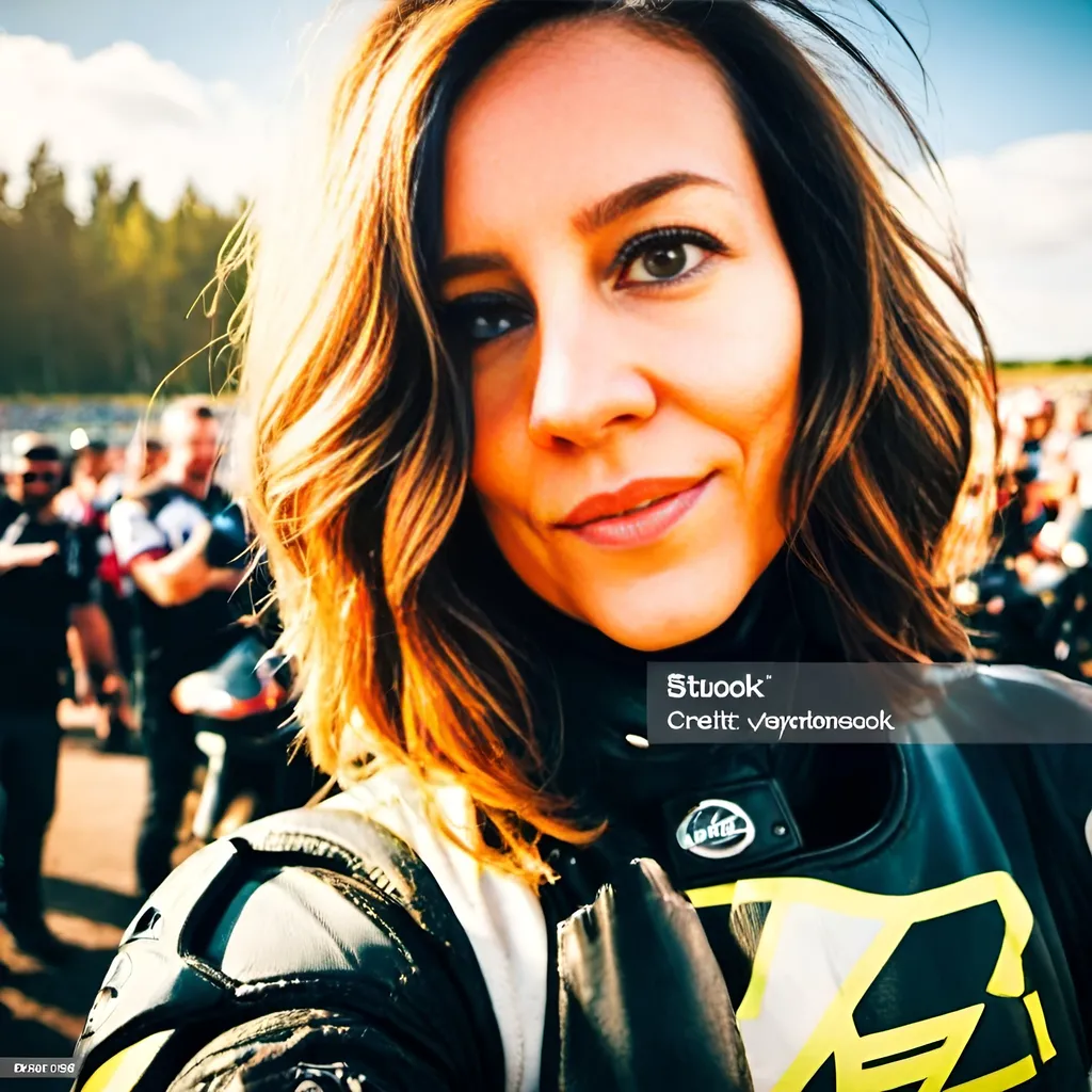 Prompt: a young and beautiful motorcycle rider is standing at a winners podium at a motorbike race track receiving a winning cup surrounded by cheering crowds and motorcycles, sunny day, festive atmosphere