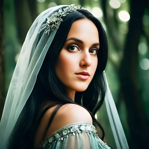 Prompt: Beautiful dark haired enchantress with dark eyes, ethereal fairy, refined and subtle, captivating and alluring gaze, high-quality, fantasy, magical, soft and enchanting lighting, elegant and delicate, fairy-tale, detailed fabric, graceful movement, atmospheric, mystical, enchanting, fantasy forest, magical aura