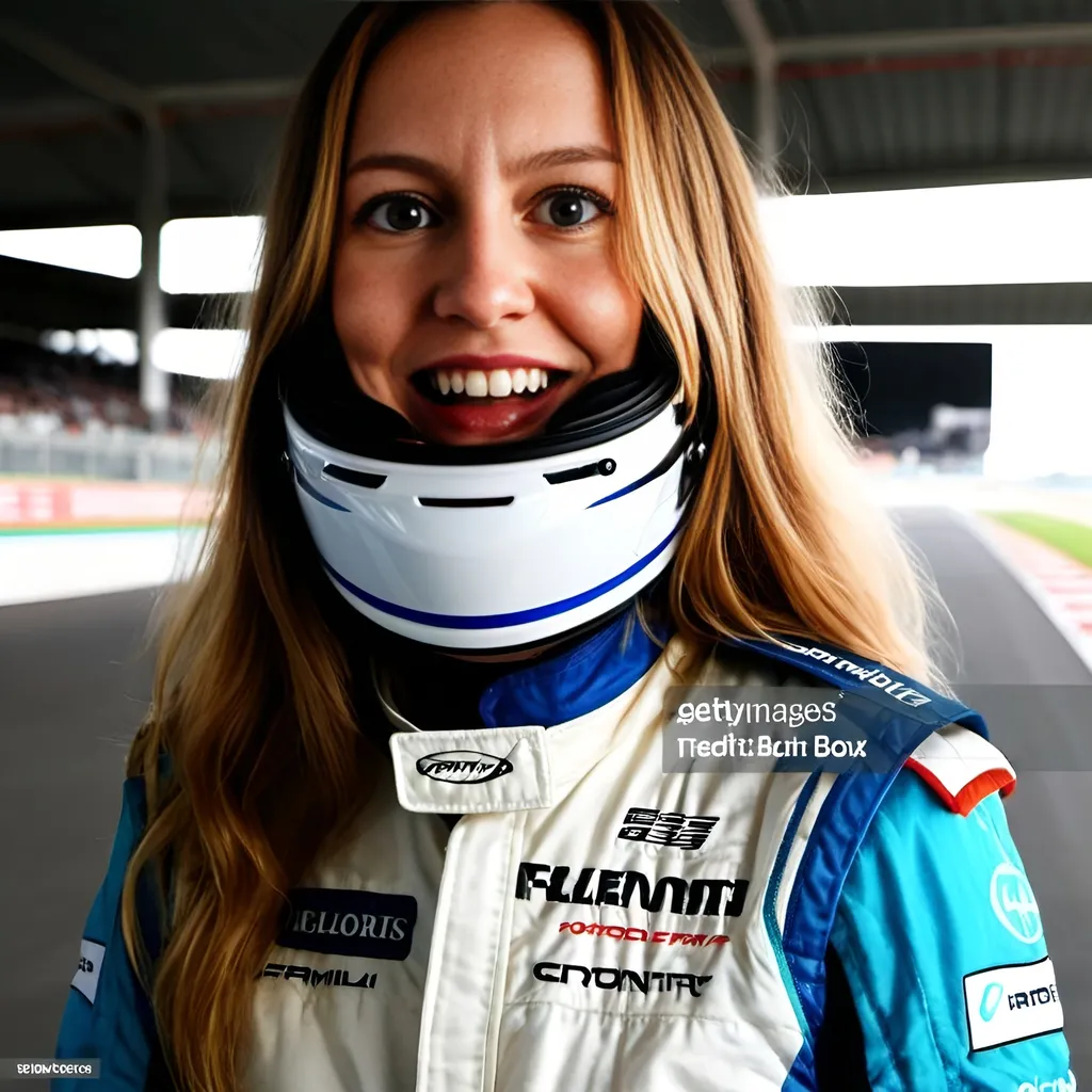 Prompt: a smiling young and beautiful formula 1 driver with blue eyes is wearing formula 1 suit and is standing next to a gigantic cat, at a race track, happy atmosphere