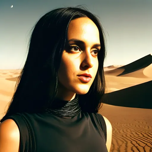 Prompt: young and beautiful dark haired Fremen girl with Fremen eyes is standing in the desert, desert worm in the background, Dune, planet in the sky, Frank Herbert, science fiction