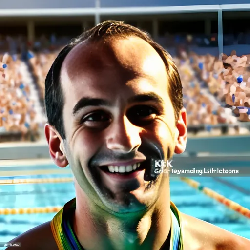 Prompt: (photorealistic image) young and handsome swimmer, standing at the swimming pool, (bright sunny day), wearing five gold medals, (beaming smile), joyful and celebratory atmosphere, sparkling water reflections, vibrant colors, dynamic light illuminating the scene, cheering spectators in the background, 4K, ultra-detailed