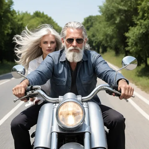 Prompt: A 50 year old man with long silver grey hair and beard is riding on a silver motor cycle. No helmet. An attractive lady with flowing blond hair is sitting behind him. The day is sunny and the ride is windy. 