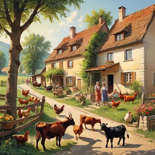 Prompt: Generate an image of Village in Hungary in 80's. Show a family of 5 kids (2 boys and 3 girls). Their home is  decorated with flowers. Also they've cattle, goats and chickens as well

