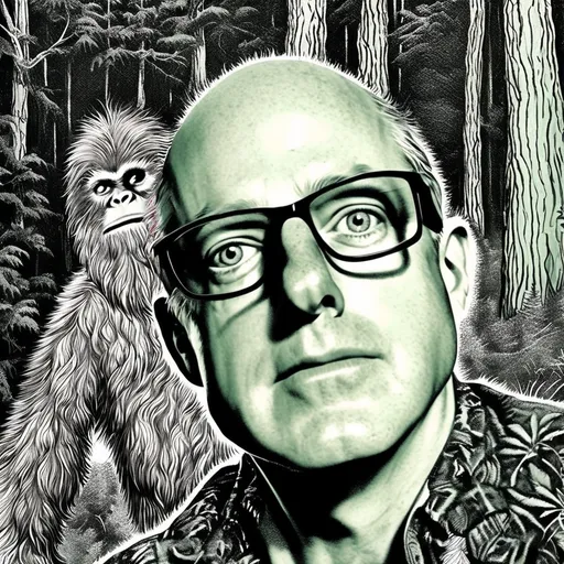 Prompt: (black and white old school line drawing), (Bigfoot drawing), (walking in profile left to right), facing viewer, (expressive eyes), (facial features resembling Todd), (forest background), lush greenery, sunlight filtering through dense trees, intricate rich textures, (vibrant colors), (highly detailed artwork), captivating composition, harmonious blend of nature and mythical creature, visually striking and atmospheric.