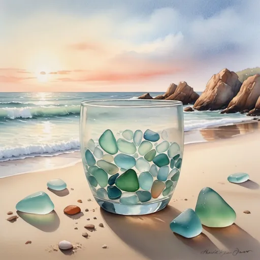 Prompt: Create a dreamy watercolor painting that captures the ethereal beauty of sea glass on a beach. Use a soft, muted palette dominated by aquas, greens, and ambers. In the foreground, paint scattered pieces of sea glass, varying in size and shape, nestled in pale sand. Pay special attention to the frosted texture of the glass, using dry brush techniques and salt sprinkles to achieve a weathered look.
In the background, suggest a misty coastline with hints of secret coves and rocky outcrops. Use watery washes to blend the horizon with the sky, creating a sense of timelessness. Add subtle touches of light to make the sea glass appear to glow, as if catching the last rays of a setting sun.
Incorporate delicate swirls and patterns in the sand around the glass to evoke the ocean's persistent sculpting. Consider adding faint, ghostly shapes in the water or sky to hint at legends of the deep.
Allow some of the watercolors to bleed and blend, symbolizing the transformative journey of the sea glass. The overall mood should be one of quiet wonder and discovery, inviting the viewer to imagine the stories behind each frosted shard.