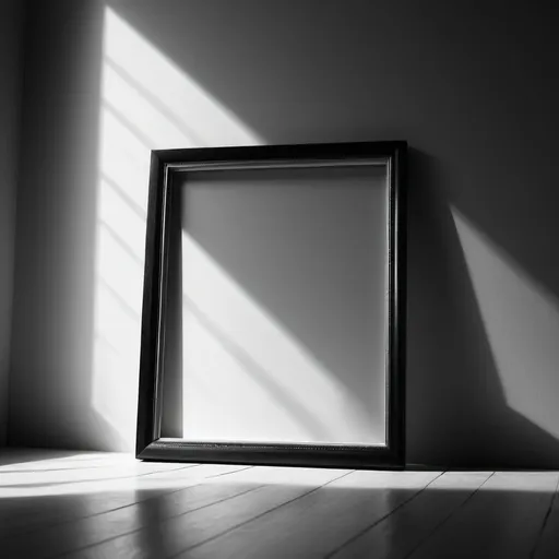 Prompt: black and white image empty picture
 frame light shining through the frame and casting a shadow on the floor
