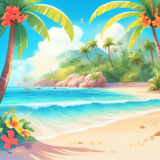 Prompt: tropical island with water tube, palm trees and sandy beach with flowers, sun shining, rainbow