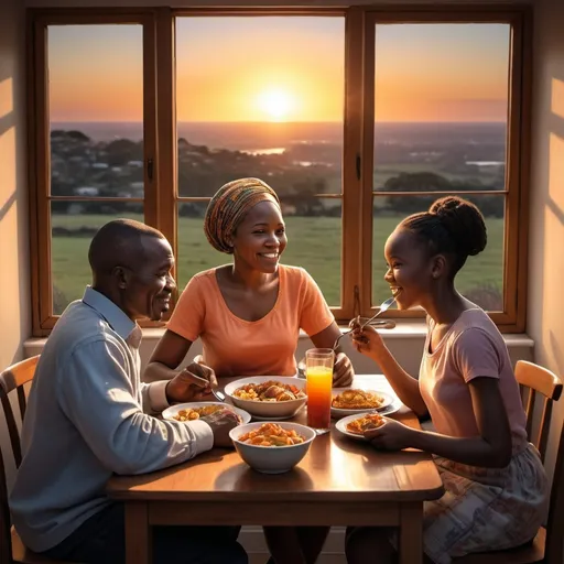 Prompt: High quality photorealistic of black South african family of three image, sitting cosy at the table, eating dinner, with a spectacular view of sunset outside the window, it should have a high contrast, less highlight, put more focus to the image, use vibrant colours.