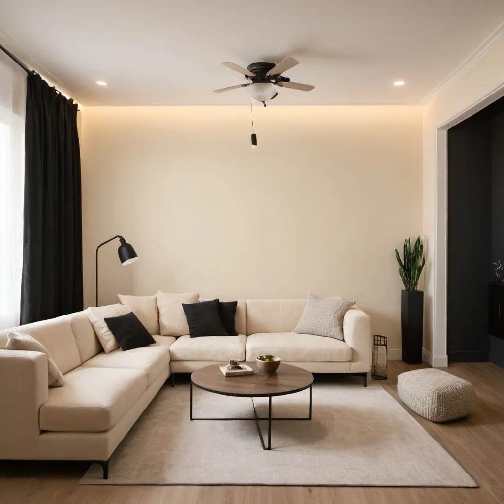 Prompt: A living room space
The color of the walls is cream
And the color of the switches on and off of the lights is black