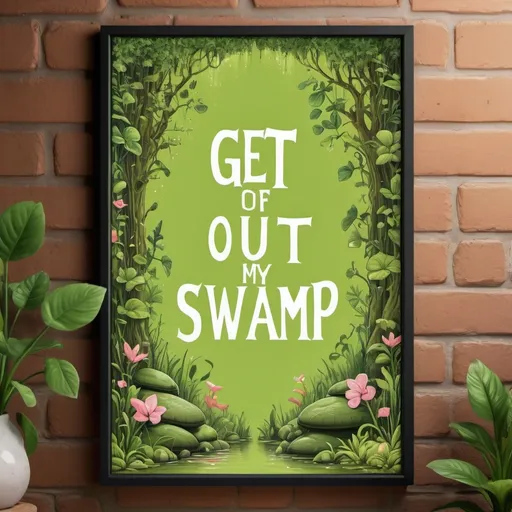 Prompt: Create an image for a poster which will be hung on a bedroom door. The image is inspired by Shrek and should say "get out of my swamp." Make it a feminine and aesthetic.