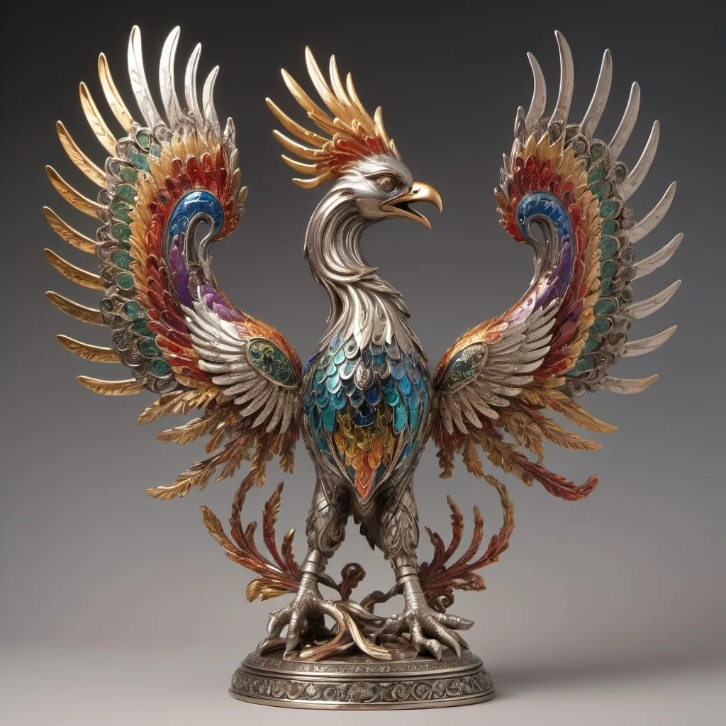 Prompt: A sculpture combining a phoenix and a simurgh made from multiple spoons