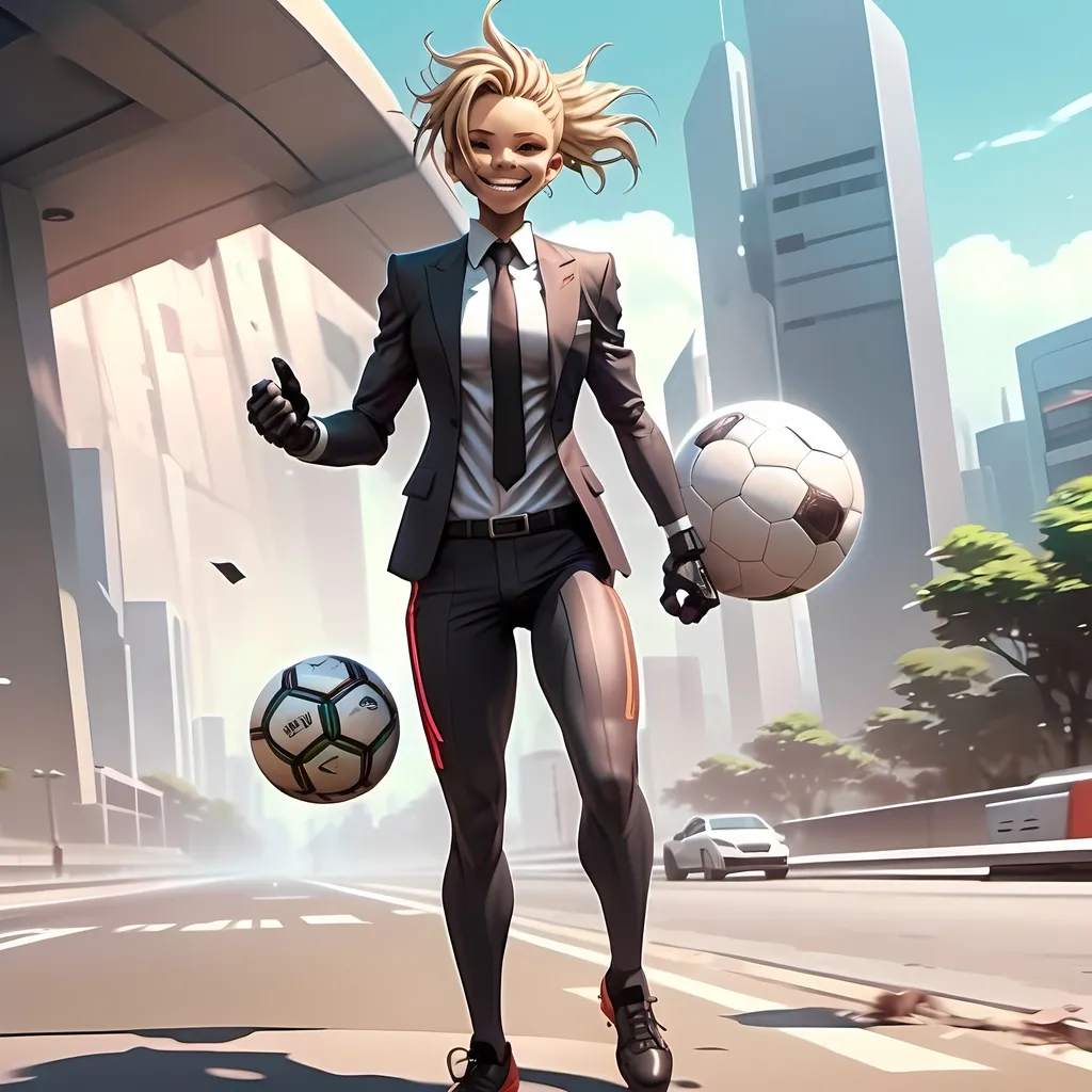 Prompt: Anime cyberpunk style, a soccer celebrity star clad in suit, holding a soccer ball, HD, wirh a wry smile and a confident gait